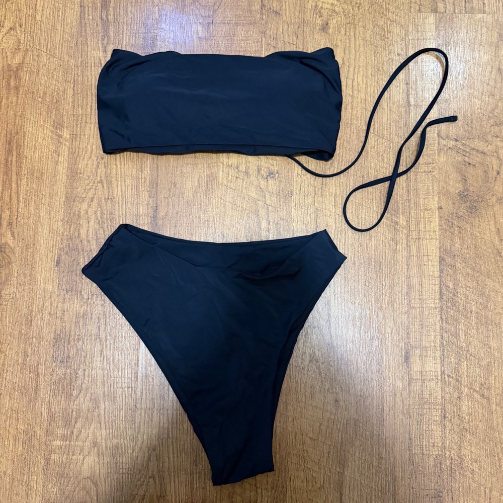 SHEIN Bikini Swimsuit Womens L Black Bandeau Lace Up High Cut Beachwear Summer